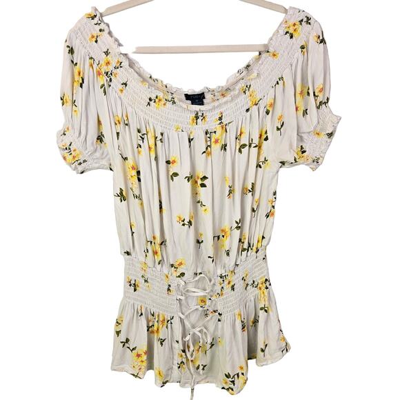 rue+ Tops - PEASANT rue+ Women's White Yellow Floral Off-Shoulder Smocked Blouse Top 2X BOHO